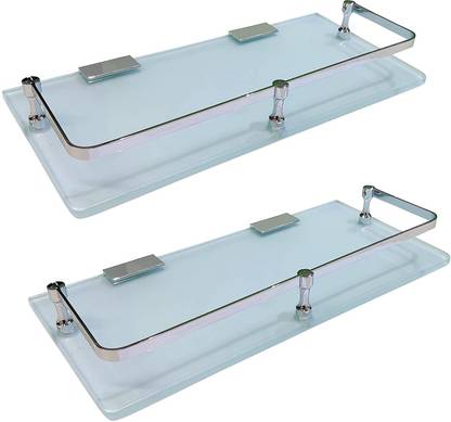 FORTUNE Multipurpose Frosted Glass Front Bathroom Shelf (12 x 5.5 Inch) (Pack of 2) Glass, Brass Wall Shelf