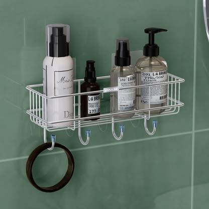 Impulse by Plantex Self-Adhesive Multipurpose Bathroom Shelf with Hooks/Towel Holder for Bathroom Stainless Steel Wall Shelf