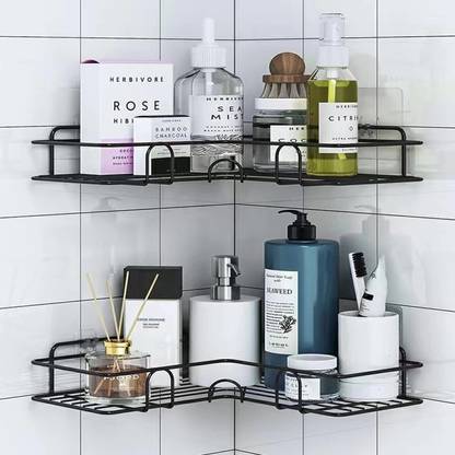 DXDT Multipurpose L Shape (Pack of 2) Wall Mounted Corner Shelf/Self Adhesive Stainless Steel Wall Shelf