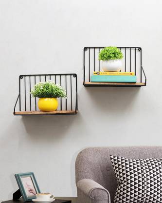Homesake Metal Iron Wall Mount Shelf Bookshelf Floating Storage Wood Base,Single Set of 2 Iron Wall Shelf
