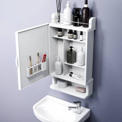 GLOXY Wall-Mounted Mirror Cabinet - Multi-Functional Soap, Toothbrush & Organizer Rack Acrylic Bathroom Set