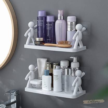 XXBERA Wall Mounted Plastic Bathroom Buddy Shelf with Self Adhesive Stickers Plastic Wall Shelf