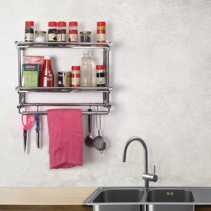 Livzing Multipurpose Wall Mount Kitchen 2-Tier Storage Shelf Stainless Steel Bathroom Hanging Rack Organizer with Hooks for Knives cutleries Stainless Steel Wall Shelf