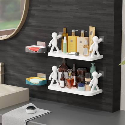 SJK Self Adhesive Multi-Purpose Wall Hanging Humanoid floating Shelf 2*0.94 Plastic Wall Shelf