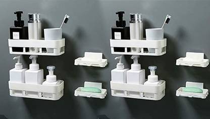 AGHORA TECHNOLOGIES Multipurpose Wall Shelves For Home Decor Self Adhesive Traceless Kitchen Organizer Plastic Hanging Bathroom Shelves Desktop Wall Mount No Drill Required Kitchen Rack Bathroom racks and shelves For Storage Soap Stand Plastic Corner Shelf With Magic Sticker Plastic Wall Shelf (4 Wall Shelves, 4 Soap Dishes) प्लास्टिक वॉल शेल्फ