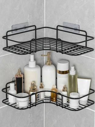 Plantex Bathroom Corner Shelf/Wall Shelf With Self Adhesive Hooks/Shelf Organizer Steel Wall Shelf