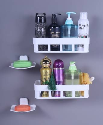 Qrex Self Adhesive Wall Mounted Unique shelf and soap stand Holder Plastic Wall Shelf