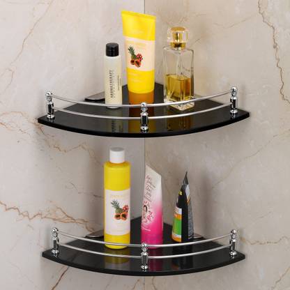 USF Glass Corner/Bathroom/Kitchen Shelf -9 X 9 Inches -Glossy -Wall Mount Glass, Stainless Steel Wall Shelf