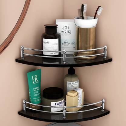 Plantex Premium Black Glass Corner Shelf for Bathroom/Kitchen Shelf/Bathroom Accessories(9x9 Inches - Pack of 2) Glass Wall Shelf
