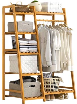 ADA Premium Natural Bamboo 5-Tier Clothes Garment Rack, Wooden Storage Shelf Rack Bamboo Wall Shelf