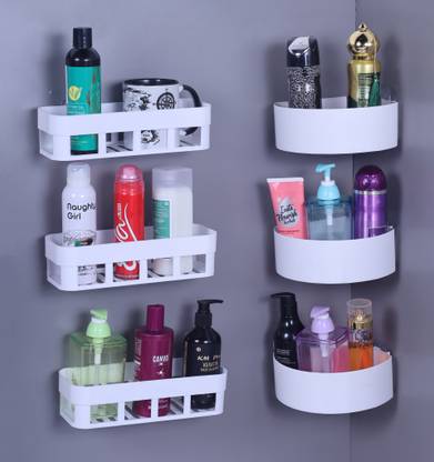Zenvio Pack of 6 ABS Plastic Bathroom Shelf (3 Bathroom Corner + 3 Bathroom Rack) Plastic Wall Shelf