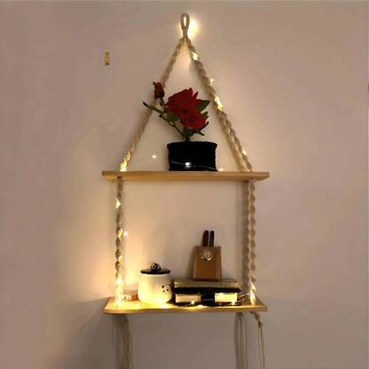 VAH Macrame Wall hanging , Real Pine Wood Storage Shelves Macrema art Wall shelf with LED Light (2 Layer) Wooden Wall Shelf