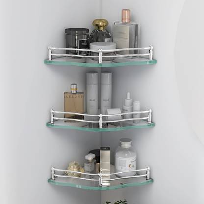 Plantex Premium Flower Transparent Glass Corner Shelf for Bathroom/Kitchen Shelf/Bathroom Accessories(9x9 Inches) Glass Wall Shelf
