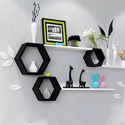 Woodenstories Hexagon Cube Wooden Floating Wall Mounted Wooden Wall Shelf MDF (Medium Density Fiber) Wall Shelf