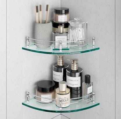 SHARVI ENTERPRISES Glass Corner Shelf Glass, Stainless Steel Wall Shelf