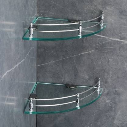 FORTUNE Multi-Purpose Glass Corner Shelf - 12 x 12 inch Wall Mount Shelf (Pack of 2) Glass, Stainless Steel Wall Shelf