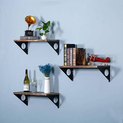 Indian Decor 32019 3 Tier Industrial Rustic Wood Floating Bookshelf,Hanging Organize Iron Wall Shelf