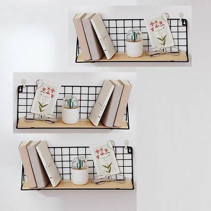 Cozy Haus Mesh Decorative Metal Wall Shelf (Set of 3 Same Size) Steel, Wooden Wall Shelf