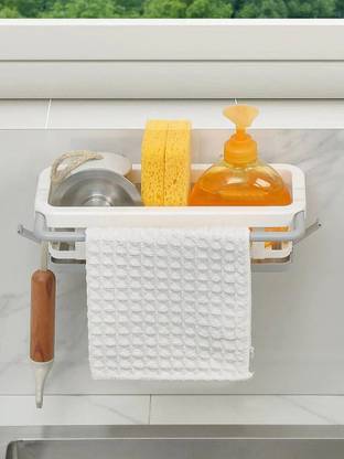 Dherik Tradworld Two Tone Hanging Drain Rack | Retractable Storage Rack | Sponge Drain Tray Plastic Wall Shelf