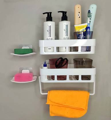 QXORE (2 Bathroom Shelves+ 2 Soap Box With 2 Towel rack With 8 Hook) Plastic Bathroom Set
