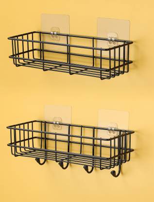 SteelHaven Self-Adhesive Multi-use Shelf-One is with Hook One shelf without Hook,Pack of 2 Iron Wall Shelf