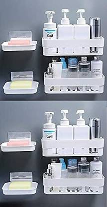 Zenvio 4 Plastic Bathroom Kitchen Shelf + 4 Soap Box Stand Combo with Adhesive Stickers Plastic Wall Shelf