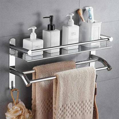 Nexanest Rack for Bathroom Storage/Multipurpose Steel Bathroom Shelf/Hooks & Towel Hanger Stainless Steel Wall Shelf