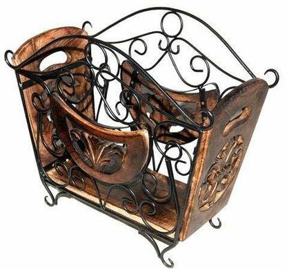 Smarts collection Wrought Iron & Wooden Magazine Cum Newspaper Stand (16 X 14.5 X 8 in) Wall Hanging Magazine Holder