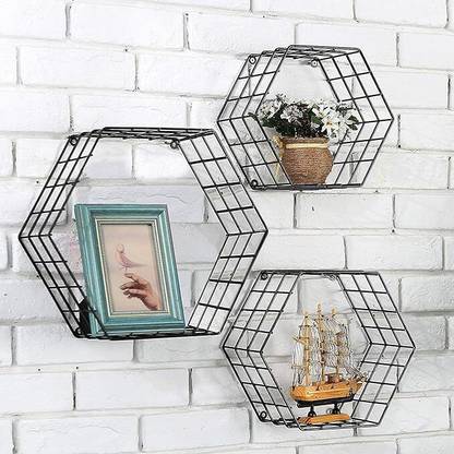 Indian Decor 4144 Hexagon Shaped Wall Mounted Floating Shelves Iron Wall Shelf