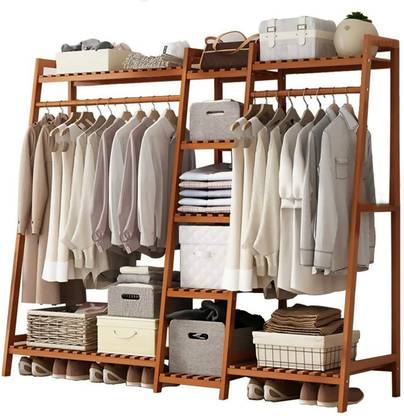 Naayaab Craft Bamboo Clothes Garment Rack Dual Bar Coat Hanger Stand Clothing Storage Bamboo Wall Shelf