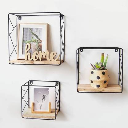 Indian Decor 28420 Floating Shelves Wall Mounted Shelves Set of 3, Durable Square Rustic Wooden, Iron Wall Shelf