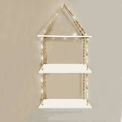 VAH Wood Macrema Knotting Rope 3 tier Wall hanging Wall shelf With LED light Wooden Wall Shelf