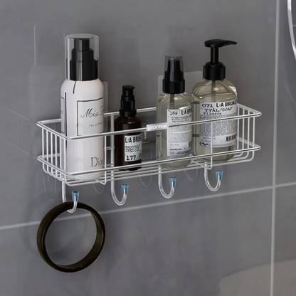 Plantex Steel Self-Adhesive Multipurpose Bathroom Shelf with Hooks/Towel Holder/rack Stainless Steel Wall Shelf