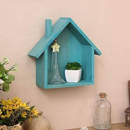 Crownista Hut Shape Wooden Wall Shelf (Number of Shelves - 1, Blue Wooden Wall Shelf