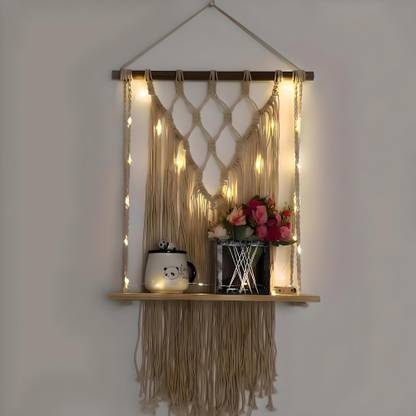 VAH Macrame Wall Hanging Shelf, Set of 1 Wood Floating Shelves -Wood Hanging Shelf Bohemian With LED Light Wooden Wall Shelf
