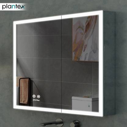 Plantex LED Mirror Cabinet for Bathroom with Defogger/Double Door Cabinet (19x19 Inches) Stainless Steel Wall Shelf