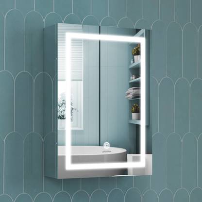 Plantex Platinum Bathroom Mirror Cabinet with LED Light (14x20) Storage Organizer 304 Stainless Steel Wall Shelf