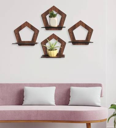 Brothers Creation Pentagon Shape Wooden Wall Shelf Shelves Planter Stand Art Hanging Decor MDF (Medium Density Fiber) Wall Shelf
