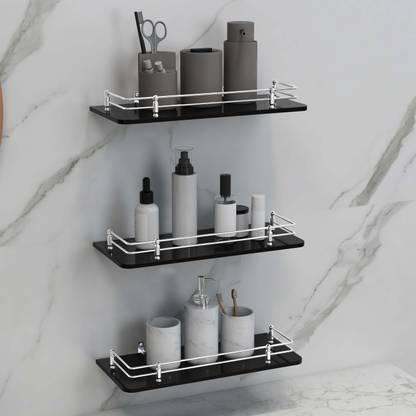 Plantex Premium Black Glass Shelf for Bathroom/Kitchen/Living Room/Bathroom Accessories Glass Wall Shelf