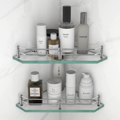 Plantex Premium Diamond Glass Corner Shelf for Bathroom/Kitchen Shelf/Bathroom Accessories(9x9 Inches) Glass Wall Shelf