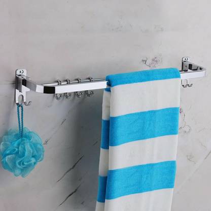 IMPULSE Anti Rust 304 Grade Folding Towel Rod with Hooks/Towel Rack for Bathroom/Towel Bar/Hanger/Bathroom Accessories (24 Inch) chrome Towel Holder