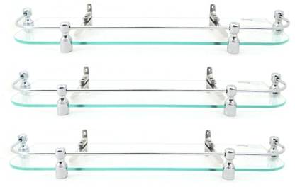 Sparkraze Pack of 3 F Brass Brackets Clear 18 By 5.5 inch Plain Glossy Look Glass Wall Shelf \ Living Room & Bedroom Shelf\Bathroom Shelf\Multipurpose Shelf Glass, Stainless Steel Wall Shelf