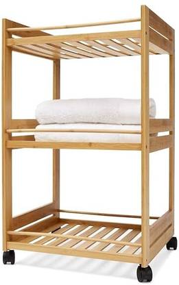 anko Bamboo Trolley Cart 3 Shelf Tier Wooden Wall Shelf