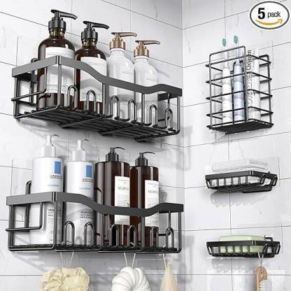 iSTAR 5 pcs Bathroom Organizer, Self adhesive 5 in 1 Combo for Bathroom Rack Iron Wall Shelf