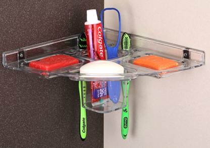 iSTAR Clear Transparent Soap Dish with Tooth Brush Holder Corner (PACK OF 1) Plastic Wall Shelf