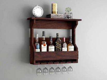 Custom Decor Jorden Wooden Wall Hanging Design Bar | Bar Cabinets for Home | Mini Bar for Home | Solid Wood Make Wine Storage Cabinet with Glass Hanging Space-Walnut Finish Wooden Wall Shelf