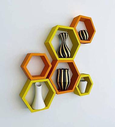 woodinzo Hexagon Shaped Honeycomb Wall Mounted Shelf Rack Set of 6 MDF (Medium Density Fiber) Wall Shelf