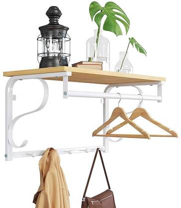 Indian Decor Coat Rack Shelf Wall Mounted, Hook Rack Shelf with 5 Hooks and Hanging Rail Stainless Steel Wall Shelf