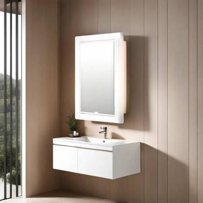 Branco Strong and Heavy Glam Look Storage Cabinet with Mirror Polypropylene, Glass Wall Shelf