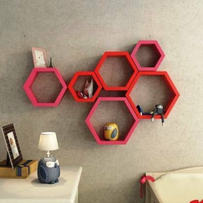 ROYAL WOOD HANDICRAFT RW58 set of six hexon Wooden Wall Shelf